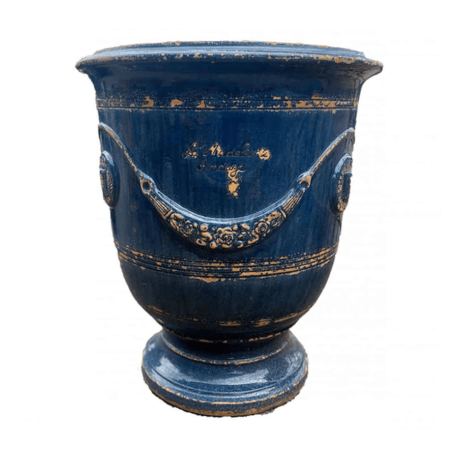 Nagy méretű, antik kék mázas anduze kerámiakaspó a Vase d' Anduze Emaillés Tradition kollekcióból, Medici stílusú füzérdíszítéssel.