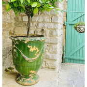 Antik zöld mázas anduze kaspó, zöld citromfával és türkiz fa ajtóval.