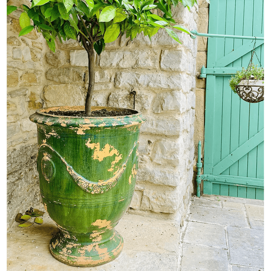 Antik zöld mázas anduze kaspó, zöld citromfával és türkiz fa ajtóval.