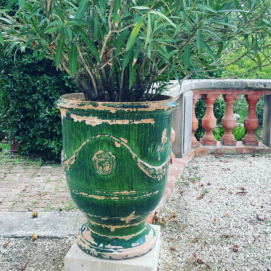 Antik zöld mázas anduze kaspó leanderrel díszes balkonon. 