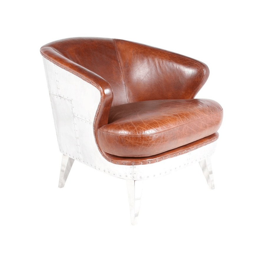 VEGAS AERO dohánybarna bőrfotel oldalnézetből, szegecselt alumínium vázzal