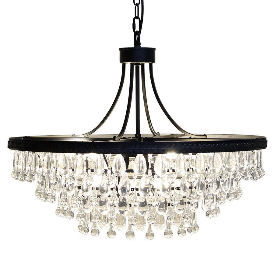 Versailles üvegcsillár világítva, kristályprizmákkal és fekete vázzal