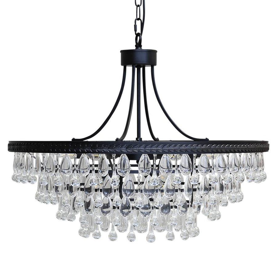 Versailles üvegcsillár fekete vázzal és kristály cseppekkel, kikapcsolt állapotban