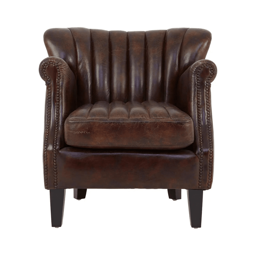 Vintage-loft stílusú, dohánybarna színű, antikolt bőrrel kárpitozott, szárnyas klubfotel.