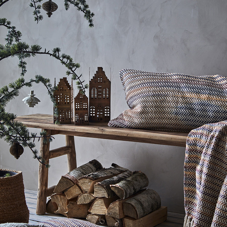 Rézszínű fémből készült, 3 darabos, házikó formájú lámpásszett.