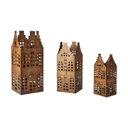 Rézszínű fémből készült, 3 darabos, házikó formájú lámpásszett.