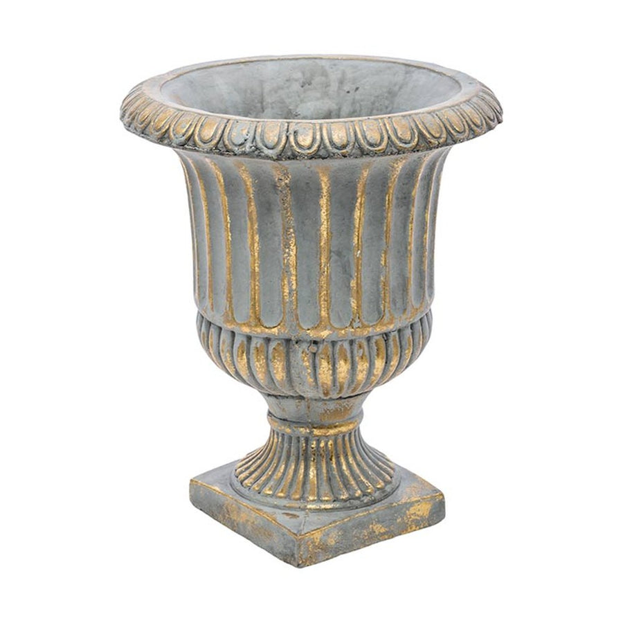Rusztikus, antikolt felületű, kannelúrás díszítésű, arany-szürke színű cement kaspó.