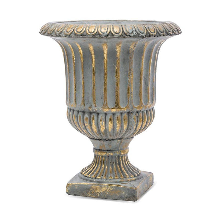 Rusztikus, antikolt felületű, kannelúrás díszítésű, arany-szürke színű cement kaspó.