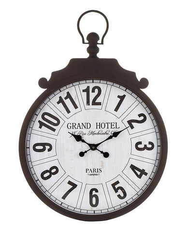 Fekete-fehér színű falióra, "Grand Hotel, Paris" felirattal.