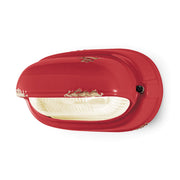 Antikolt felületű mázas kerámiából és bordázott üvegből készült kézműves falilámpa.