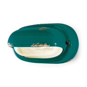 Antikolt felületű mázas kerámiából és bordázott üvegből készült kézműves falilámpa.