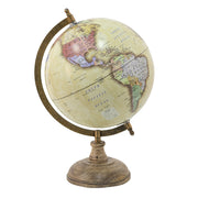 Antik sárga alapszínű, vintage stílusú dekor földgömb, mangófa talapzaton.