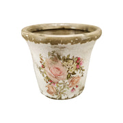 Rózsamintás kerámia kaspó – vidéki vintage stílusú, antikolt mázas kaspó romantikus rózsaszín és barack színű virágmintával