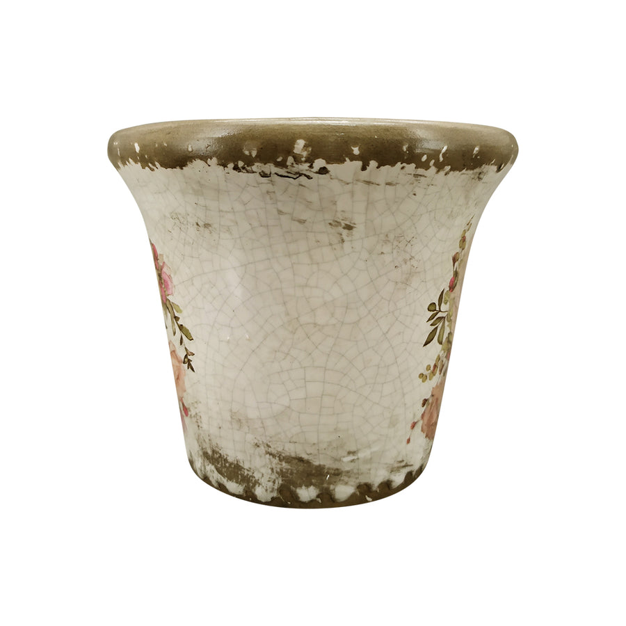 Vintage Garden kerámia kaspó másik nézetből – rózsamintás, repesztett mázas felület, vidéki romantikus stílusban