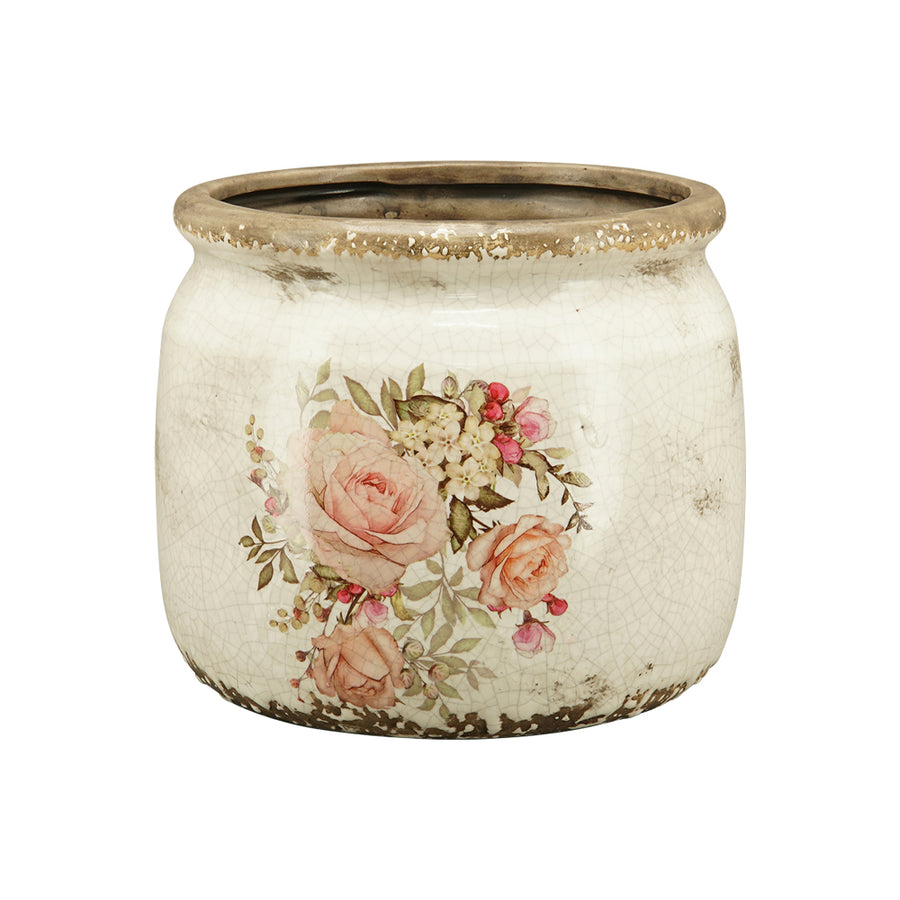 Antikolt mázas kaspó rózsamintával – klasszikus, rusztikus stílusban, rózsaszín és barack színű virágokkal díszítve

