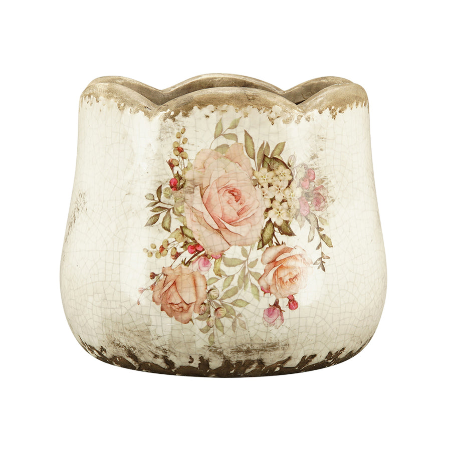 Rózsamintás kerámia kaspó – 13 cm átmérőjű, 11 cm magas, antikolt mázas kaspó romantikus vidéki vintage stílusban, hullámos peremmel