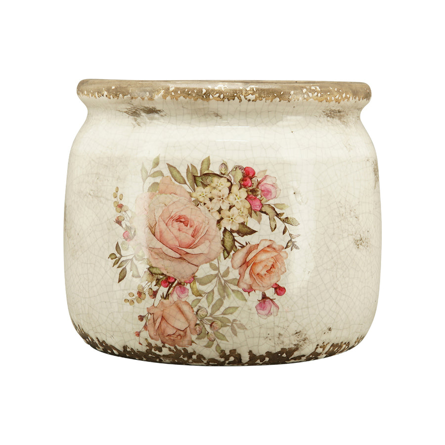 Rózsamintás kerámia kaspó – 15 cm átmérőjű, 13 cm magas, antikolt mázas, vidéki vintage stílusú kaspó a Vintage Garden kollekcióból