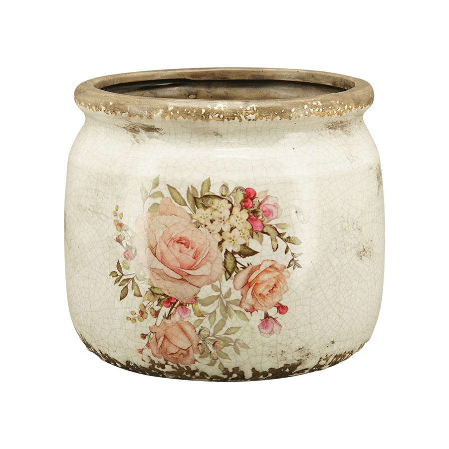 Romantikus kerámia kaspó rózsamintával, enyhén ívelt formával és repesztett mázas felülettel – rusztikus vidéki hangulatban