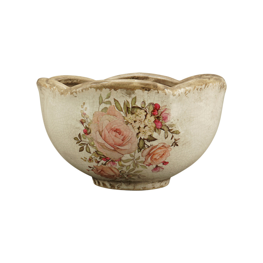 Rózsamintás kerámia kaspó – 16 cm átmérőjű, 9 cm magas, hullámos szélű, antikolt mázas kaspó romantikus vintage stílusban