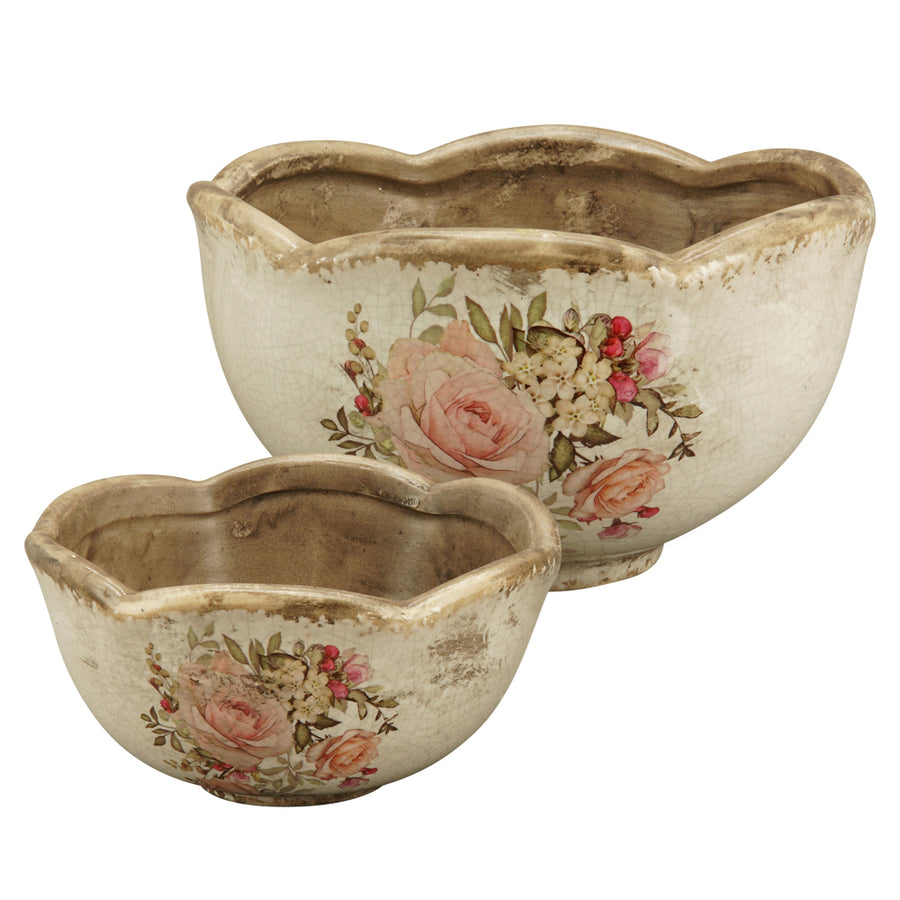 Két különböző méretű rózsamintás kerámia kaspó egymás mellett – vintage stílusú dekoráció beltéri és fedett kültéri használatra