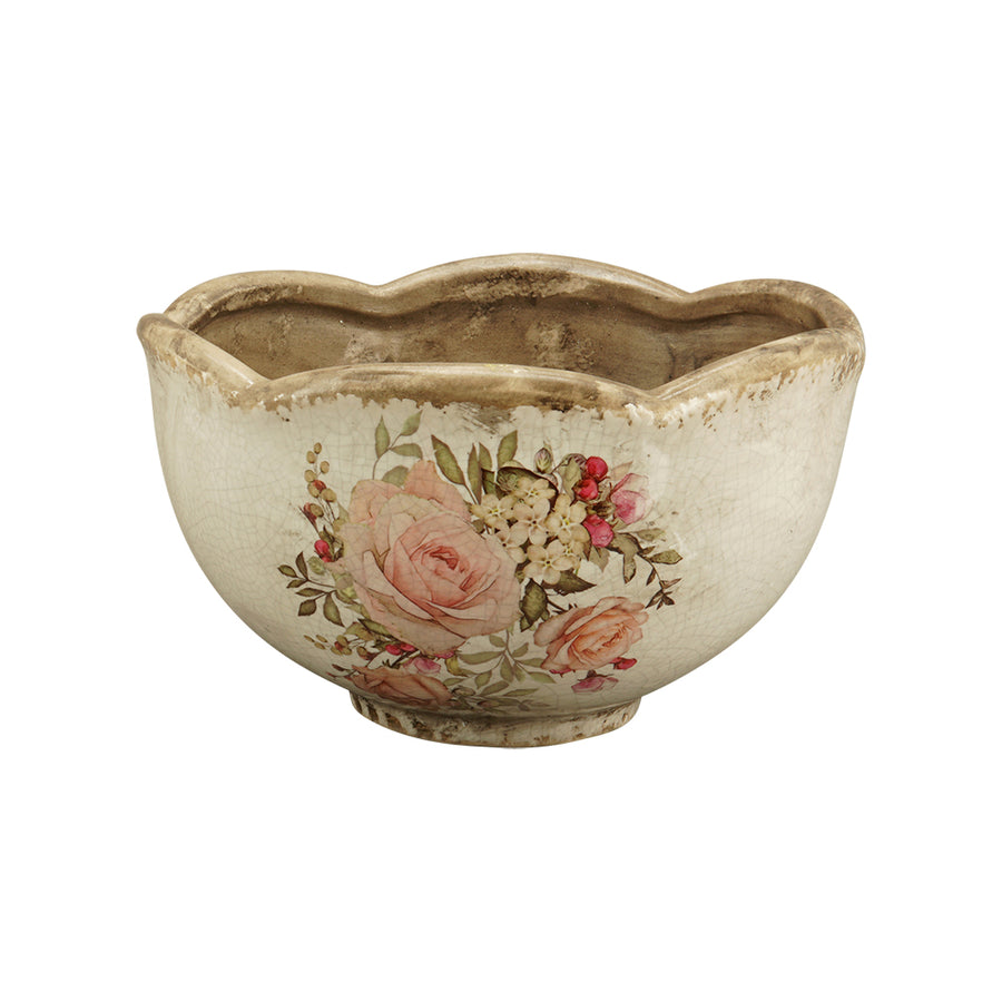 Vintage Garden kerámia kaspó enyhe oldalnézetből – rózsaszín virágmotívummal, repesztett mázas felülettel, vidéki hangulatban