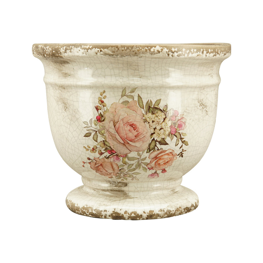 Rózsamintás kerámia kaspó – 17 cm átmérőjű, 14 cm magas, talpas kialakítású, antikolt mázas kaspó a romantikus Vintage Garden kollekcióból