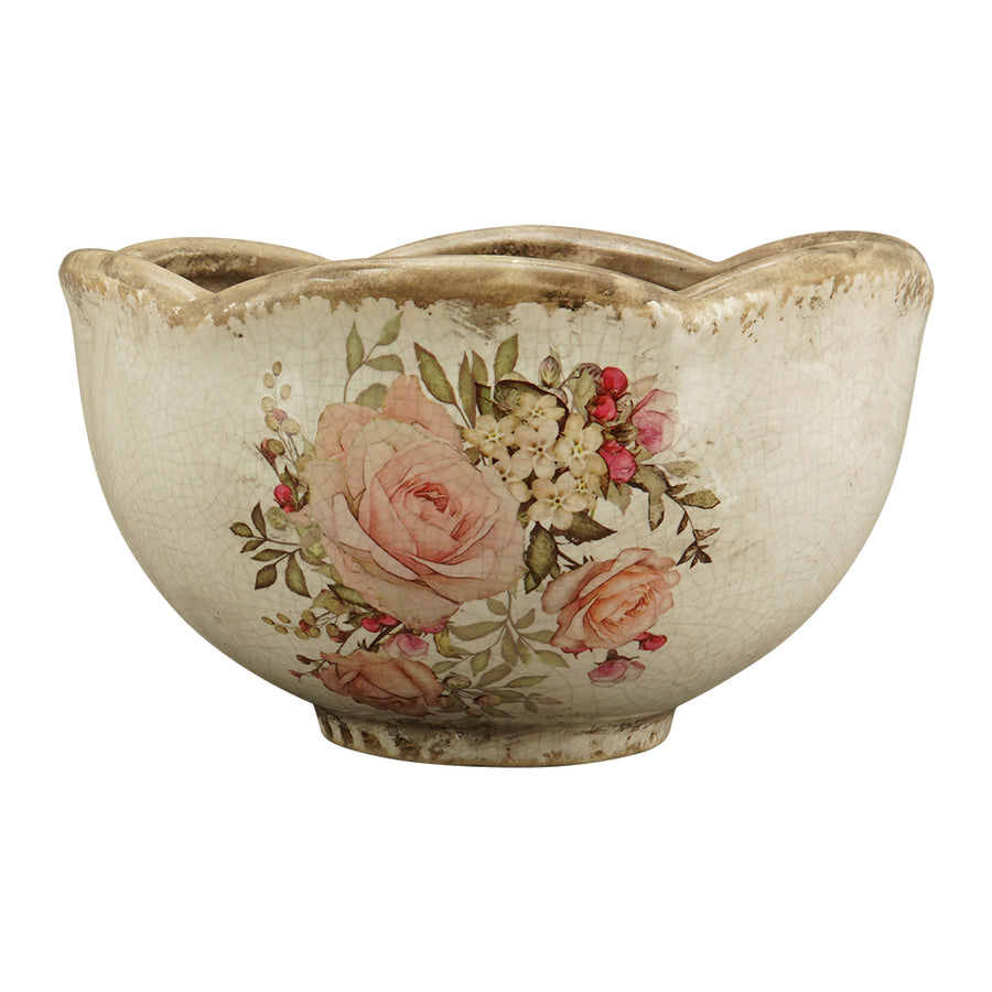 Rózsamintás kerámia kaspó – 20 cm átmérőjű, 12 cm magas, hullámos peremű, antikolt mázas kaspó romantikus vintage stílusban