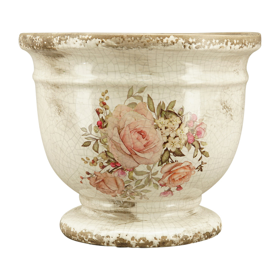 Rózsamintás kerámia kaspó – 20 cm átmérőjű, 16 cm magas, talpas kialakítás, antikolt máz és romantikus virágmintás dekoráció