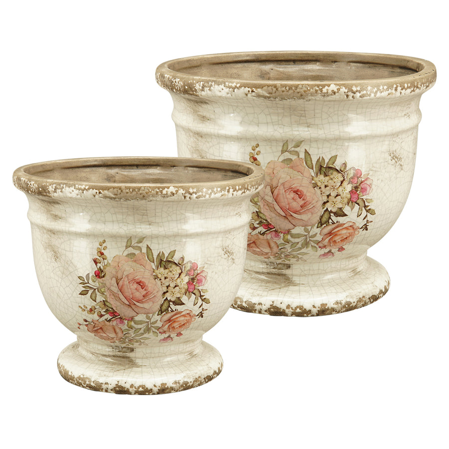 Két talpas, rózsamintás kerámia kaspó egymás mellett – vintage stílusú dekoráció beltéri és fedett kültéri használatra