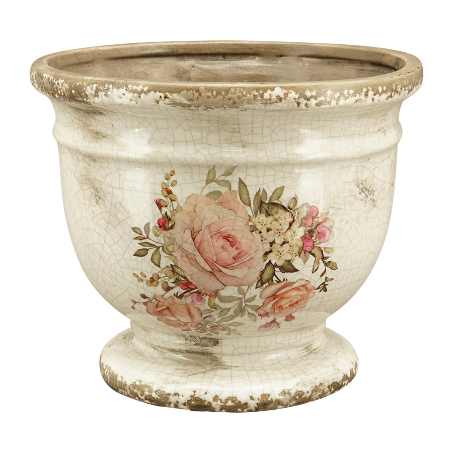 Vintage Garden kaspó oldalnézetből – rózsaszín és barack színű rózsákkal, elegáns formával és repesztett mázas felülettel