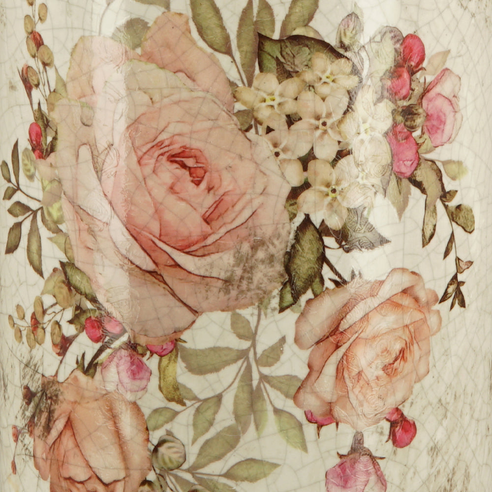 Rózsamintával díszitett, antikolt mázas kerámia váza.