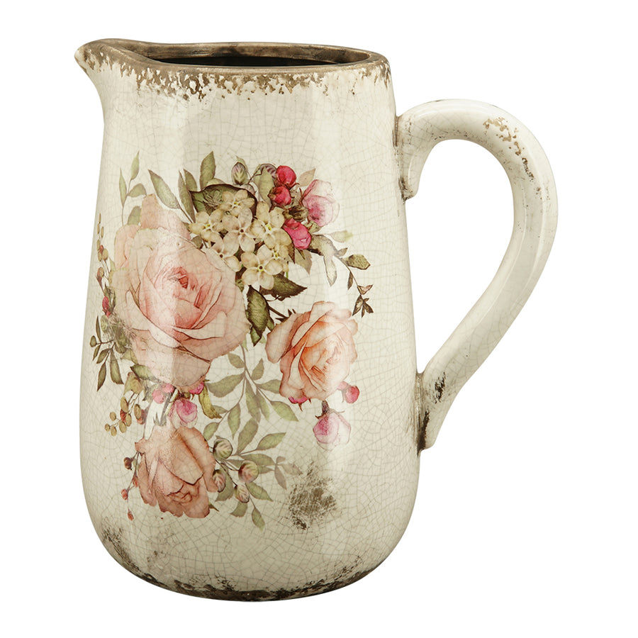 Romantikus stílusú váza oldalnézetből – kancsó formájú, repesztett mázas felület rózsamintával, vintage hatás