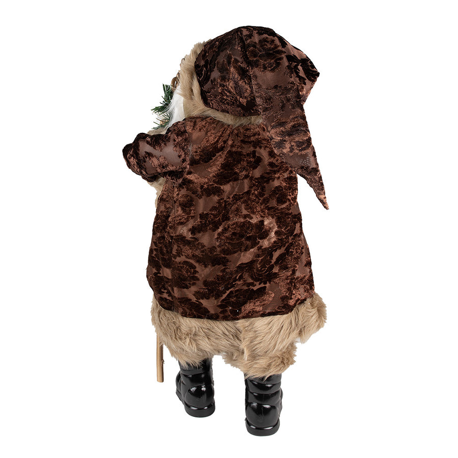 Barna és pezsgőszínű öltözetet viselő, dekoratív Télapó figura.