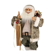 Szürkészöld és krém színárnyalatú öltözetet viselő, dekoratív Télapó figura.