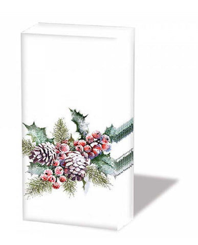 Vintage stílusú, téli hangulatú, magyal és fenyőágakkal díszített, extra minőségű, természetes úton fehérített, több rétegű puha karácsonyi papírzsebkendő.