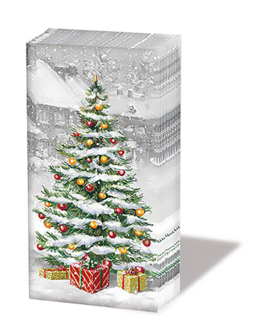 Havas ünnepi karácsonyfával díszített karácsonyi papírzsebkendő..