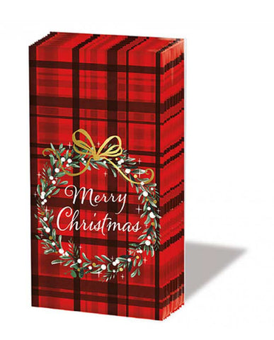 "Merry Christmas" feliratú, fagyöngykoszorúval díszített, piros színű skót kockás hátterű, extra minőségű, természetes úton fehérített, több rétegű puha karácsonyi papírzsebkendő, 10 darabos kiszerelésbe csomagolva.
