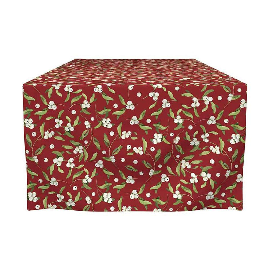 Fagyöngyökkel díszített, piros színű karácsonyi asztali futó.