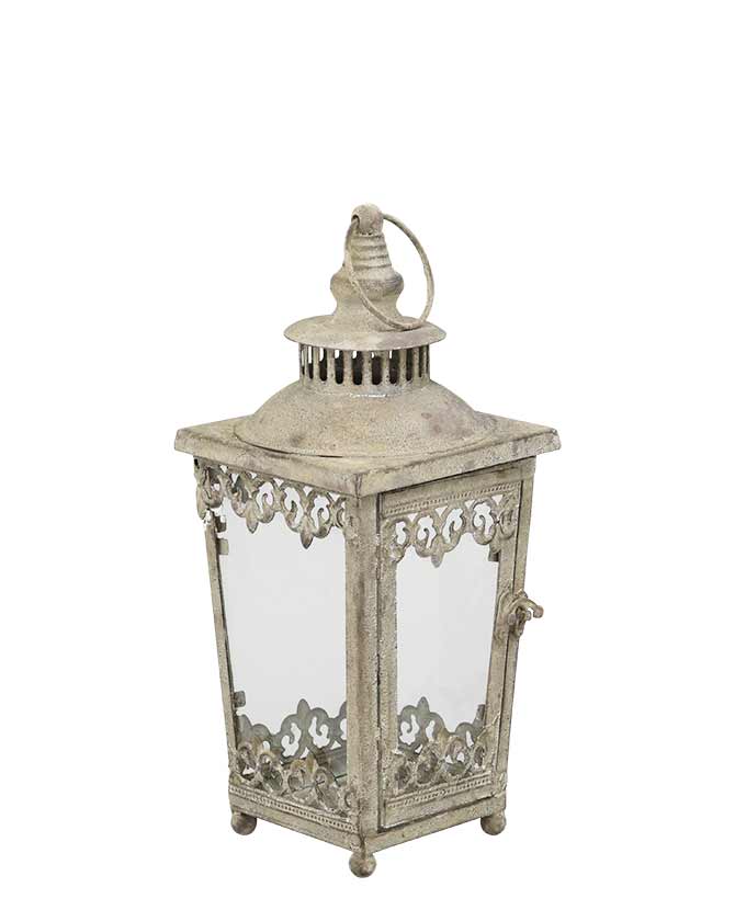 Antik szürke színű patinás fémből készült, 36 és 46 cm magas dekoratív fém lámpásszett