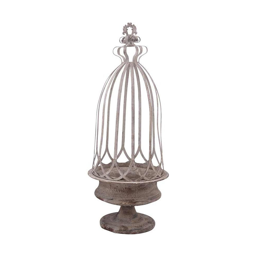 Nagyméretű, 48 és 76 cm magas, antik szürke színű patinás fémből készült kalitkás virágtartószett