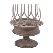 Nagyméretű, 48 és 76 cm magas, antik szürke színű patinás fémből készült kalitkás virágtartószett