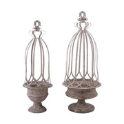 Nagyméretű, 48 és 76 cm magas, antik szürke színű patinás fémből készült kalitkás virágtartószett