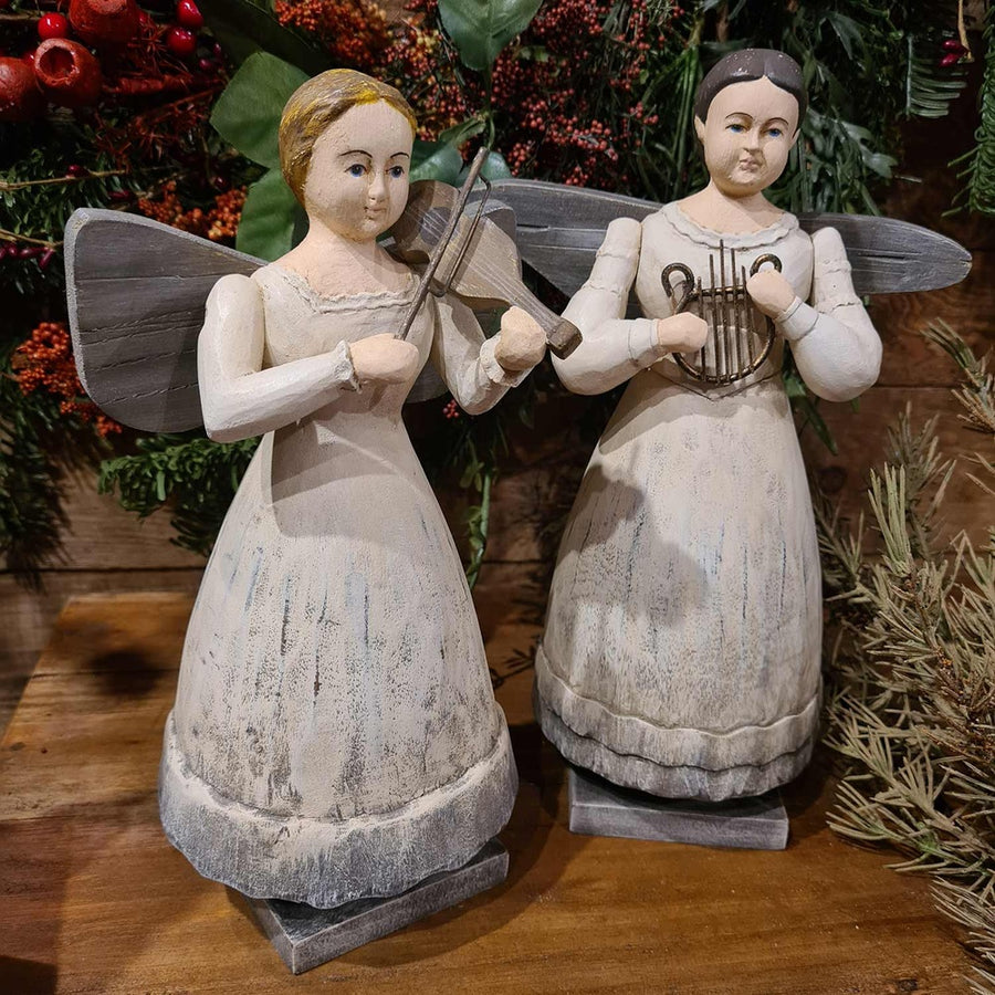 Rusztikus vidéki stílusú,, fából faragott, hangszeres kézműves angyal szett.