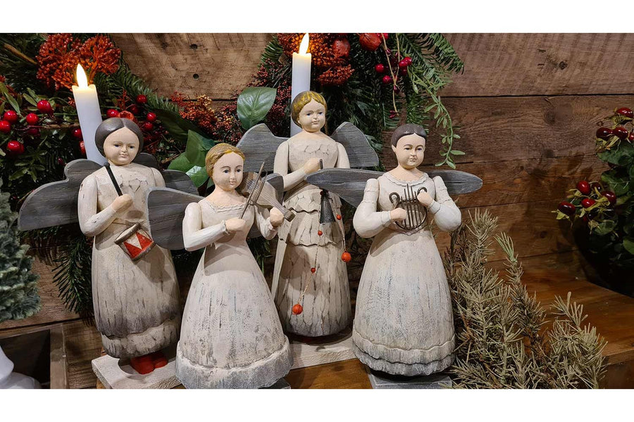 Rusztikus vidéki stílusú,, fából faragott, hangszeres kézműves angyal szett..