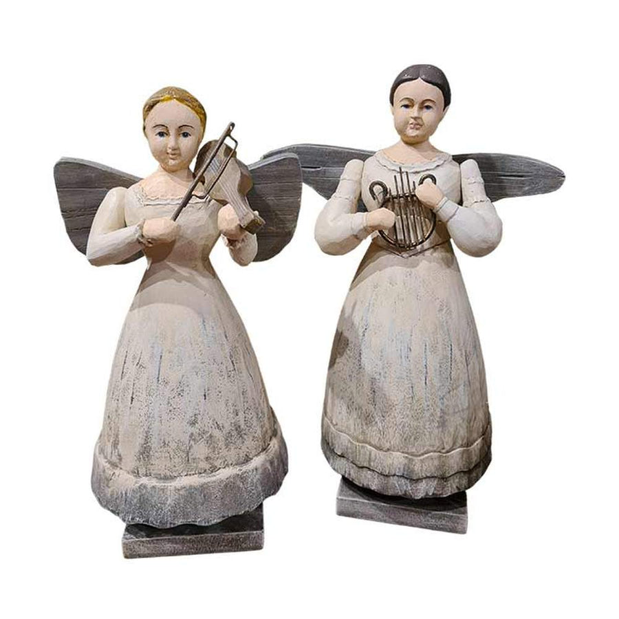 Rusztikus vidéki stílusú,, fából faragott, hangszeres kézműves angyal szett.