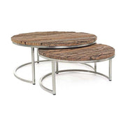 Loft stílusú, újrahasznosított fából és acélból készült, kétrészes, kör alakú dohányzóasztal szett.