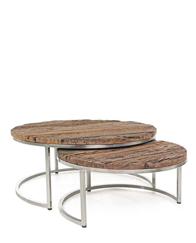 Loft stílusú, újrahasznosított fából és acélból készült, kétrészes, kör alakú dohányzóasztal szett.