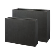 Fagyálló műgyantából készült, modern kortárs stílusú, beton hatású, antracitfekete színű kültéri ültetőláda szett.