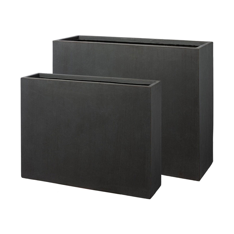 Fagyálló műgyantából készült, modern kortárs stílusú, beton hatású, antracitfekete színű kültéri ültetőláda szett.