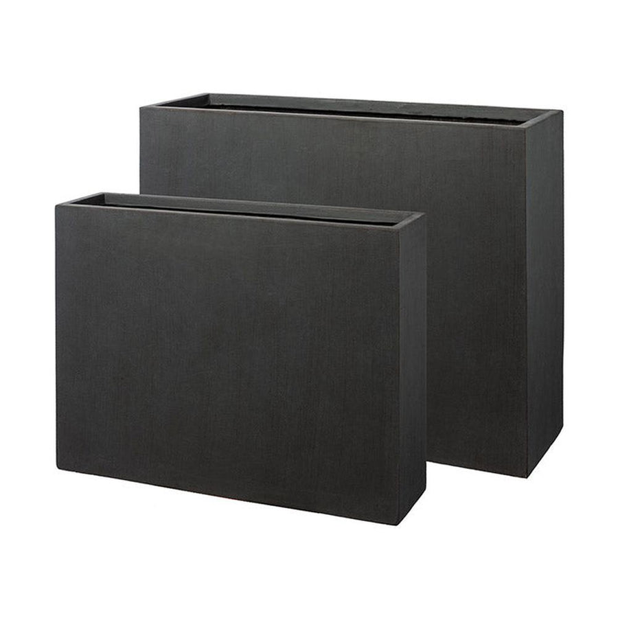 Fagyálló műgyantából készült, modern kortárs stílusú, beton hatású, antracitfekete színű kültéri ültetőláda szett.